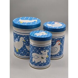 Vintage Country Kitchen Nesting Tin Canister Set DUCK CHICKEN COW Blue White